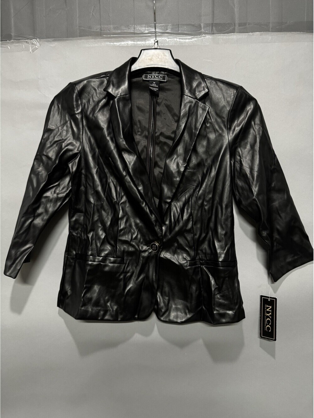 NYCC Women's Black Blazer Size M Open Front PU Leather Jacket